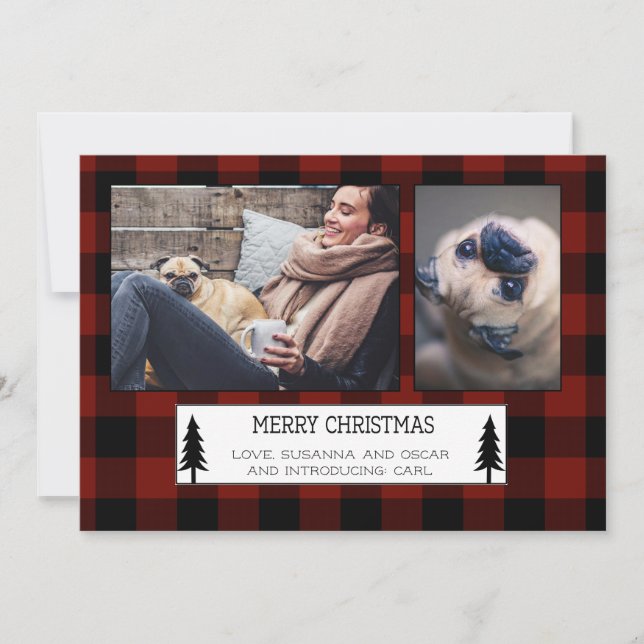 Red Black Buffalo Plaid  Check Holiday Card (Front)