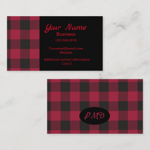 Red Black Buffalo Plaid Check Monogram Initials Business Card