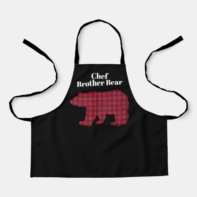 Red Black Buffalo Plaid Chef Brother Bear Apron (Front)