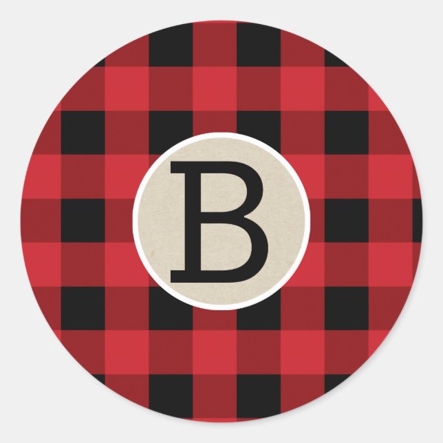 Red Black Buffalo Plaid Chequered Kraft Monogram Classic Round Sticker (Front)