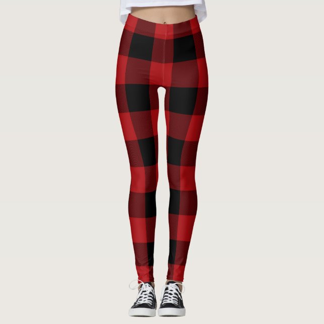 Red Black Buffalo Plaid Chequered Leggings (Front)