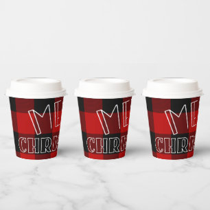 Red Black Buffalo Plaid Chequered Merry Christmas Paper Cups