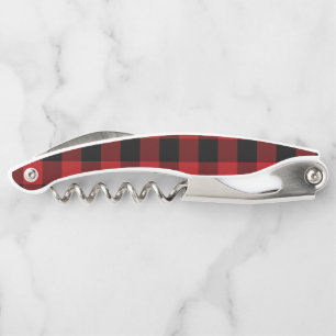 Red & Black Buffalo Plaid Chequered Squares Rustic Corkscrew