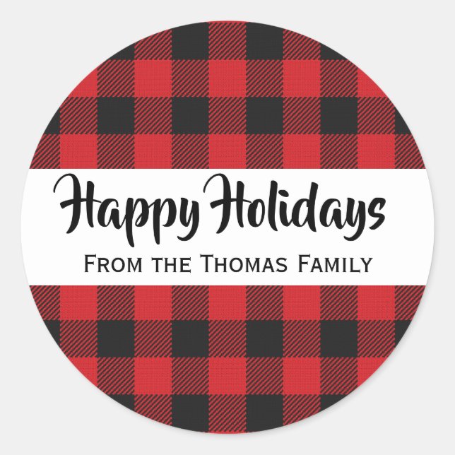 Red Black Buffalo Plaid Christmas Holiday Classic Round Sticker (Front)