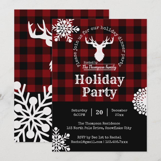 Red Black Buffalo Plaid Christmas Holiday Party Invitation (Front/Back)