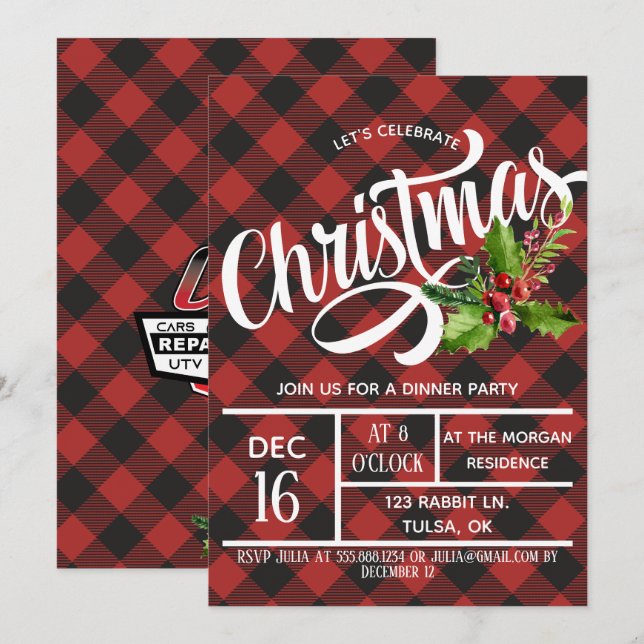 Red & Black Buffalo Plaid Christmas Party Invite (Front/Back)