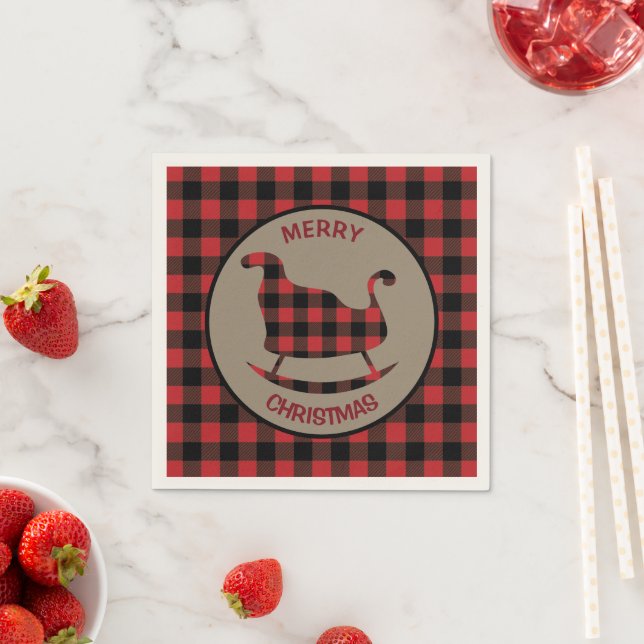 Red Black Buffalo Plaid Christmas Sleigh Napkin (Insitu)