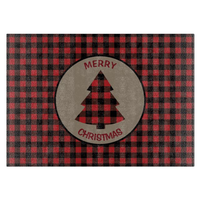 Red Black Buffalo Plaid Christmas Tree Cutting Board (Front)