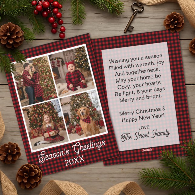 Red & Black Buffalo Plaid Custom Name and Text Holiday Card (Creator Uploaded)