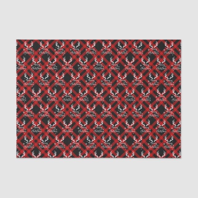 Red Black Buffalo Plaid Deer Antlers Christmas Tissue Paper (Front)