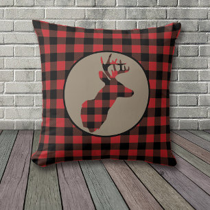 Red Black Buffalo Plaid Deer Head Cushion