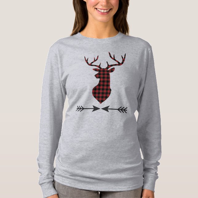 Red Black Buffalo Plaid Deer T-Shirt (Front)
