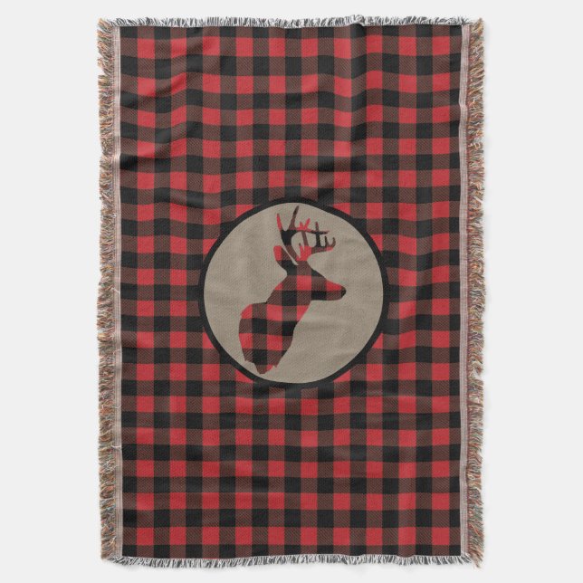 Red Black Buffalo Plaid Deer Throw Blanket (Front Vertical)