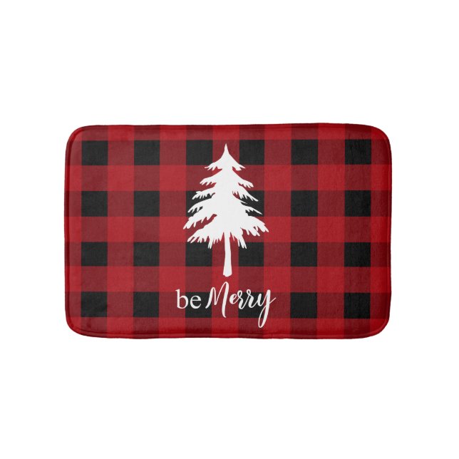Red Black Buffalo Plaid Evergreen Tree Be Merry Bath Mat (Front)