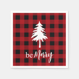 Red Black Buffalo Plaid Evergreen Tree Be Merry Napkin