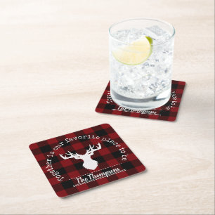 Red Black Buffalo Plaid Family Party Square Paper Coaster