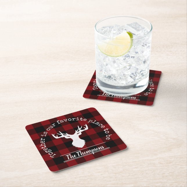 Red Black Buffalo Plaid Family Party Square Paper Coaster (Insitu)