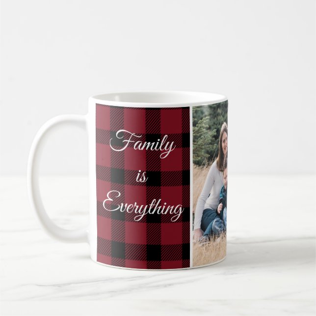 Red Black Buffalo Plaid Family Quote Name Photo  Coffee Mug (Left)