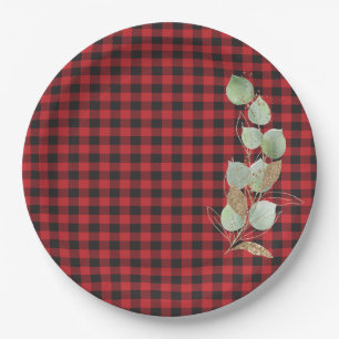 Red Black Buffalo Plaid Glitter Sage Botanical  Paper Plate