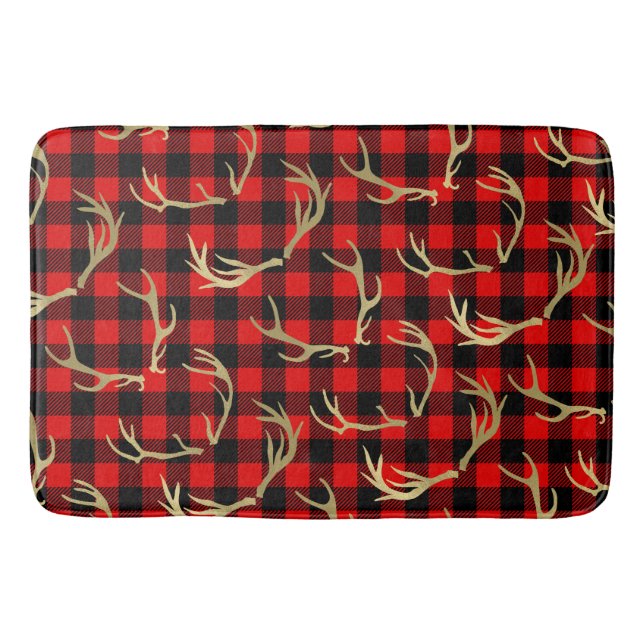 Red & Black Buffalo Plaid & Gold Deer Antlers Bath Mat (Front)