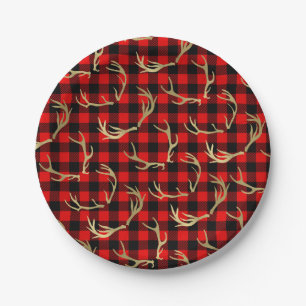 Red & Black Buffalo Plaid & Gold Deer Antlers Paper Plate
