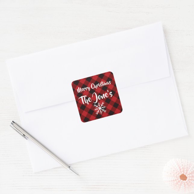 Red black buffalo plaid holiday, snowflakes square sticker (Envelope)