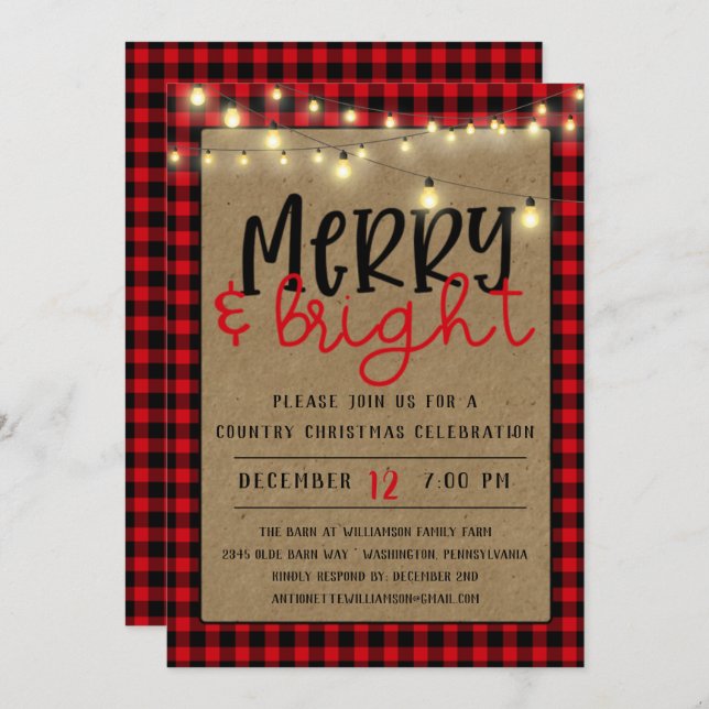 Red Black Buffalo Plaid Kraft  Christmas Party In Invitation (Front/Back)