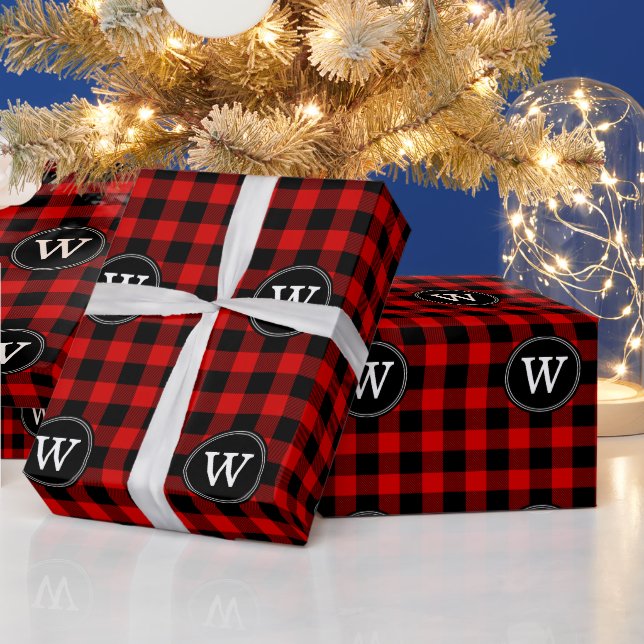 Red Black Buffalo Plaid Lumberjack 1IR Monogram Wrapping Paper (Holidays)