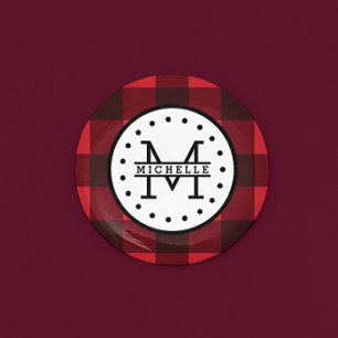Red black Buffalo Plaid Lumberjack Name Monogram 3 Cm Round Badge