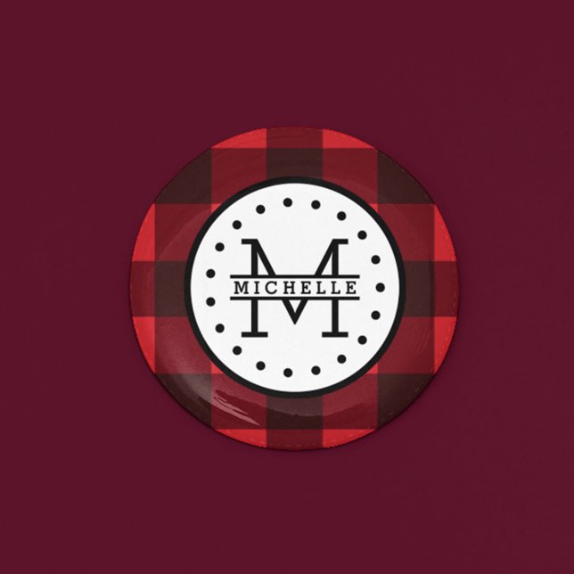 Red black Buffalo Plaid Lumberjack Name Monogram 3 Cm Round Badge (Creator Uploaded)