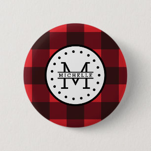 Red black Buffalo Plaid Lumberjack Name Monogram 6 Cm Round Badge