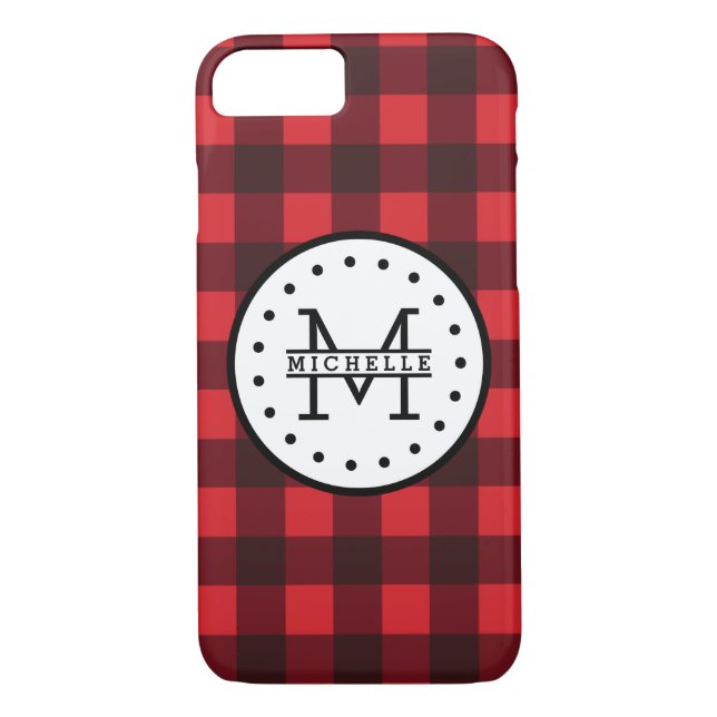 Red black Buffalo Plaid Lumberjack Name Monogram Case-Mate iPhone Case (Back)