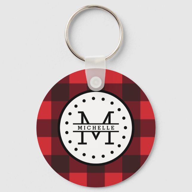 Red black Buffalo Plaid Lumberjack Name Monogram Key Ring (Front)