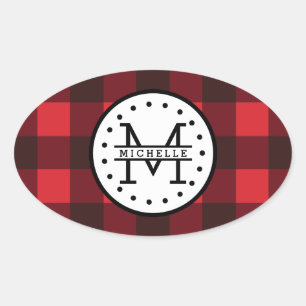 Red black Buffalo Plaid Lumberjack Name Monogram Oval Sticker