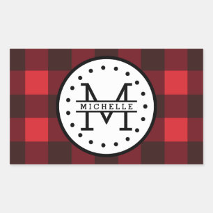 Red black Buffalo Plaid Lumberjack Name Monogram Rectangular Sticker