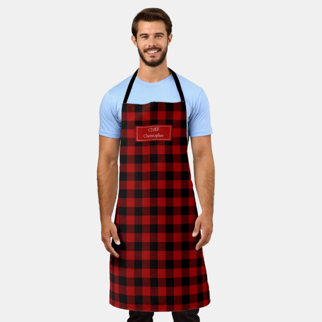 Red Black Buffalo Plaid Lumberjack Personalised Apron (Worn)