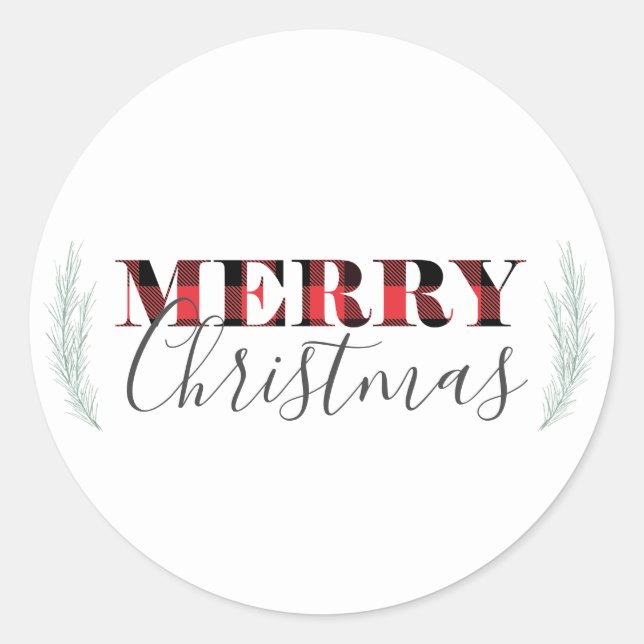 Red Black Buffalo Plaid Merry Christmas Classic Round Sticker (Front)