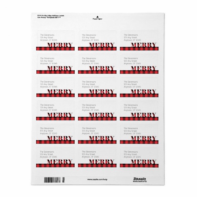 Red Black Buffalo Plaid Merry Christmas Label (Full Sheet)