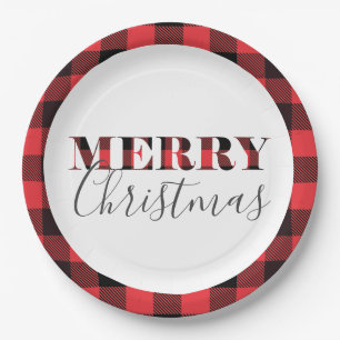 Red Black Buffalo Plaid Merry Christmas Paper Plate