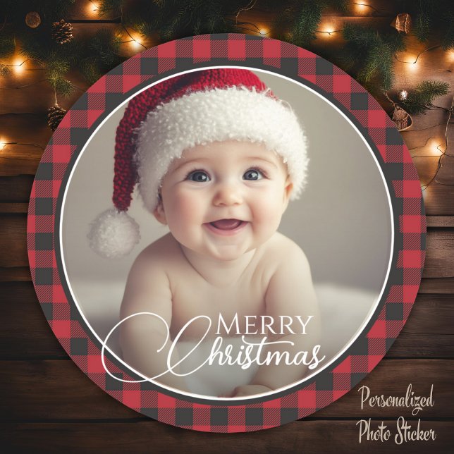 Red & Black Buffalo Plaid Merry Christmas Photo Classic Round Sticker (Red & Black Buffalo Plaid Merry Christmas Photo Classic Round Sticker)