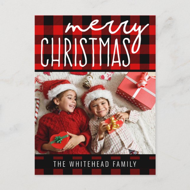 Red Black Buffalo Plaid Merry Christmas Photo Holiday Postcard (Front)