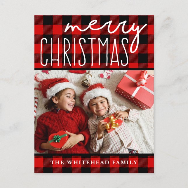 Red Black Buffalo Plaid Merry Christmas Photo Holiday Postcard (Front)