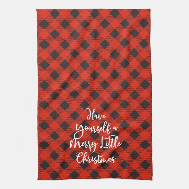 Red Black Buffalo Plaid Merry Little Christmas Tea Towel (Vertical)