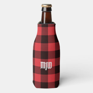 Red Black Buffalo Plaid Monogram Bottle Cooler