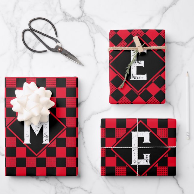 red & black buffalo plaid Monogram Chequerboard Wrapping Paper Sheet (Front)