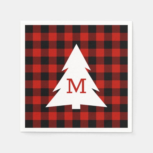 Red Black Buffalo Plaid Monogram Holiday Party Napkin (Front)
