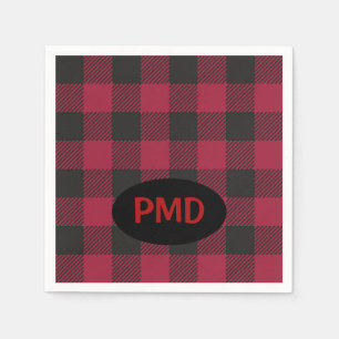 Red Black Buffalo Plaid Monogram Initials Napkin