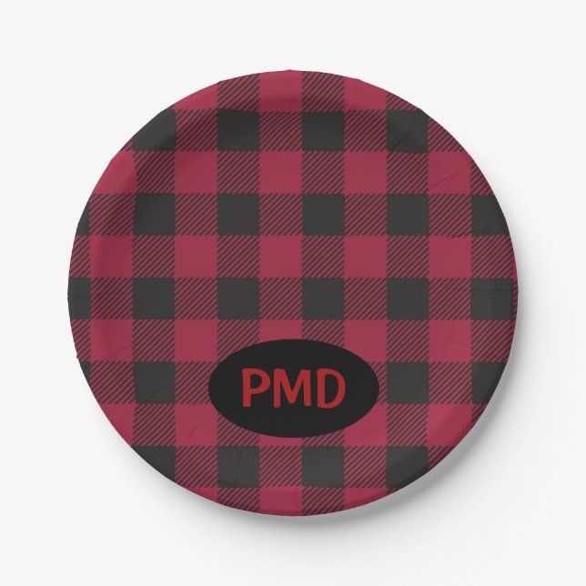 Red Black Buffalo Plaid Monogram Initials Paper Plate (Front)
