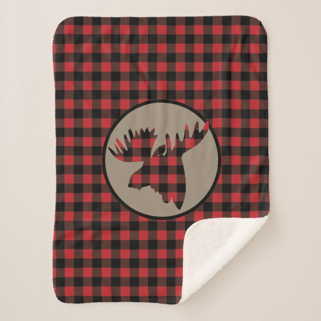 Red Black Buffalo Plaid Moose Head Sherpa Blanket (Front)