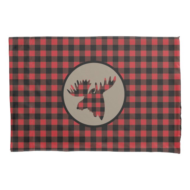 Red Black Buffalo Plaid Moose Pillowcase (Front)